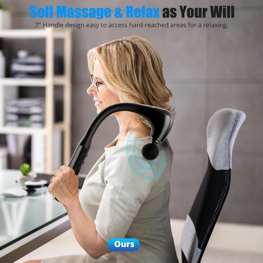 Massageador Gun Portátil Alongado Muscular 4 em 1 Com 6 Velocidades 3 Modos Para Pescoço Cintura E Ombro Ergonômico